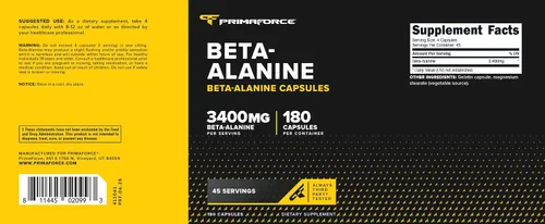 Vista 5 de Primaforce Beta Alanina (3,400mg) 180 Cápsulas 45 porciones, potente suplemento de beta-alanina