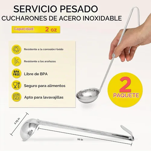 Vista 2 de Fit Meal Prep [Paquete de 2] Cucharón de sopa de acero inoxidable de 2 onzas, espátula de salsa de una pieza con asas de gancho, cuchara de servir