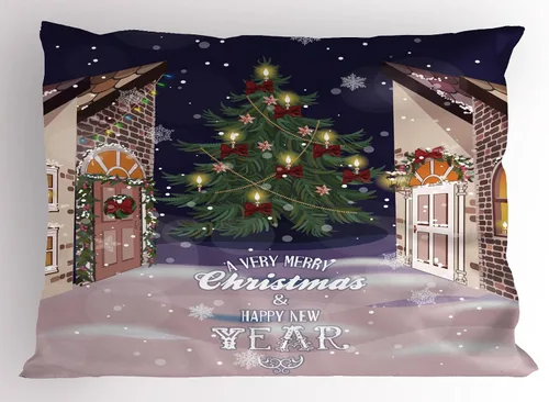 Vista 65 de Ambesonne Juego de 2 fundas de almohada navideñas, diseño de estrellas de Navidad y copos de nieve, letras retro, ropa de cama de microfibra