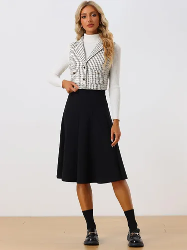 Vista 3 de Allegra K Chaleco a cuadros con solapa con muescas vintage sin mangas Tweed Crop Jacket