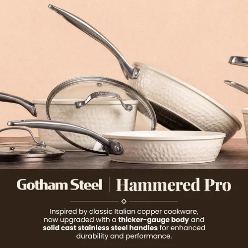 Vista 7 de GOTHAM STEEL Hammered 14 Inch Large Nonstick Frying Pan with Lid, Cream