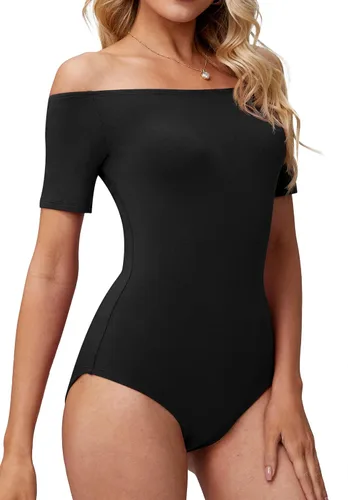 Vista 2 de LAOALSI - Body de manga corta para mujer, con hombros descubiertos, ajustado, informal, básico, camiseta