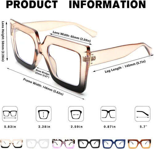 Vista 30 de Pro Acme Gafas de bloqueo de luz azul, marcos cuadrados grandes, anteojos falsos para mujer