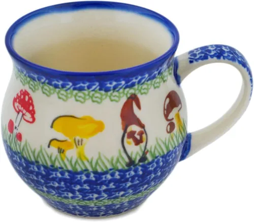 Vista 29 de Auténtica taza de burbujas de cerámica polaca de 13 onzas en diseño amarillo hecho a mano en Bolesławiec Polonia por Ceramika Bona + certificado