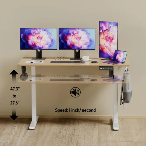 Vista 4 de Escritorio eléctrico de altura ajustable, escritorio de pie sentado de 48 x 24 pulgadas, escritorio ergonómico para computadora con 2 ganchos