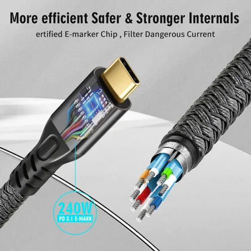 Vista 7 de Cable USB C 3.2 Gen 2X2 20Gbps, tipo C 4K a 60Hz UHD Video 5A/240W PD3.1 Carga rápida con E-Marker Compatible con Thunderbolt 3/4 MacBook Pro