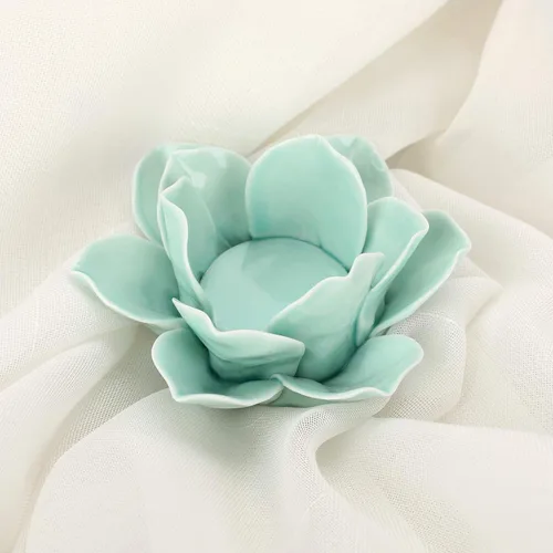 Vista 2 de OwnMy Portavelas de cerámica verde de flor de loto de 4.5 pulgadas para velas de té, portavelas de pétalo de loto para velas de té, soporte de vela