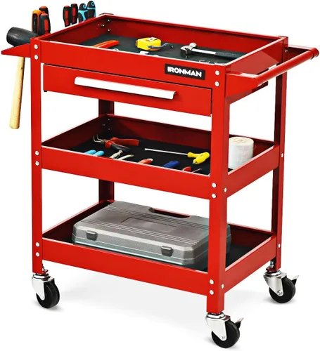 Vista 8 de IRONMAX Cofre de herramientas de 3 niveles, carrito de servicio industrial resistente con cajón y ruedas, organizador de caja de herramientas Negro