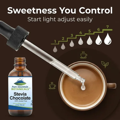 Vista 9 de Gotas líquidas de estevia de chocolate saborizadas con chocolate negro dulce natural, sin alcohol y kosher, botella de vidrio de 2 onzas