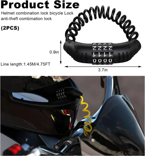 Vista 2 de KVAEY 2 candados de cable para casco de motocicleta, antirrobo con código de combinación digital de 4 unidades, bloqueo de cable retráctil