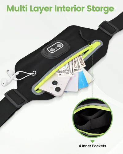 Vista 4 de Riñonera delgada para hombres y mujeres, riñonera con luz nocturna RGB recargable extraíble y cinta reflectante, bolsa para correr con agujero