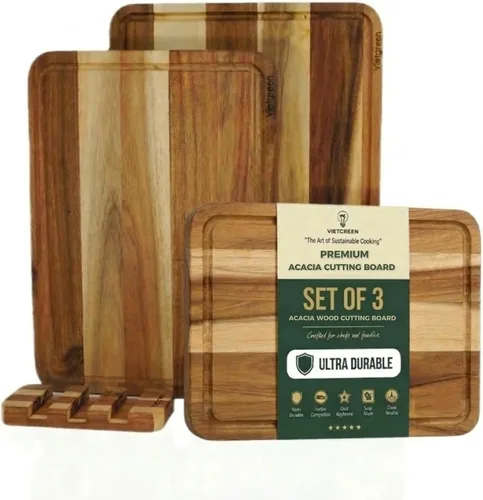 Vista 2 de Juego de 3 tablas de cortar de madera de acacia con soporte (16 x 12 pulgadas, 14 x 10 pulgadas, 12 x 8 pulgadas), charcutería de grano de borde