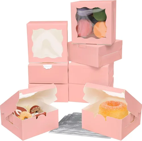 Vista 21 de Bakepacker 60 cajas de papel kraft para panadería con ventana de 6 x 6 x 3 pulgadas de grosor y resistentes cajas de pastelería de macarrones