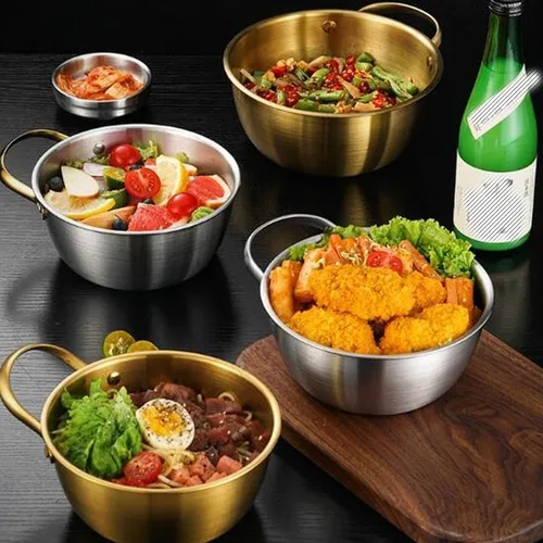 Vista 6 de Ensaladera redonda dorada de 6.7 pulgadas con asa para mezclar alimentos, pasta, salsas de frutas