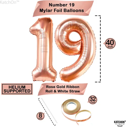 Vista 4 de KatchOn, Globos gigantes de oro rosa con el número 19, 40 pulgadas, globos de cumpleaños 19 con globos de confeti, decoraciones de feliz cumpleaños