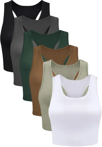 Vista 8 de 6 piezas de camisetas básicas sin mangas con espalda cruzada deportivas, cortas, para mujeres y niñas, uso diario
