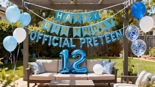 Vista 8 de Decoraciones de fiesta de cumpleaños número 12 azul para niñas, pancarta de cumpleaños número 12, globos de papel de aluminio de cumpleaños azul