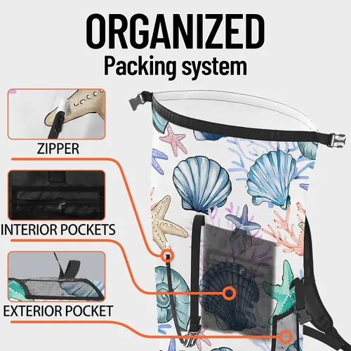 Vista 10 de Bolsa seca impermeable Bolsas secas marinas para kayak, senderismo, conchas marinas, coral, náutica, estrella de mar, mochila con cierre enrollable