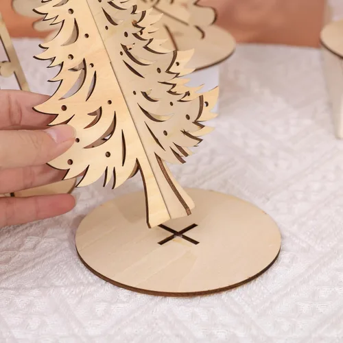 Vista 7 de Juego de manualidades de Navidad, árbol de Navidad 3D de madera, rebanadas de madera sin terminar para pintar, adornos de árboles de Navidad