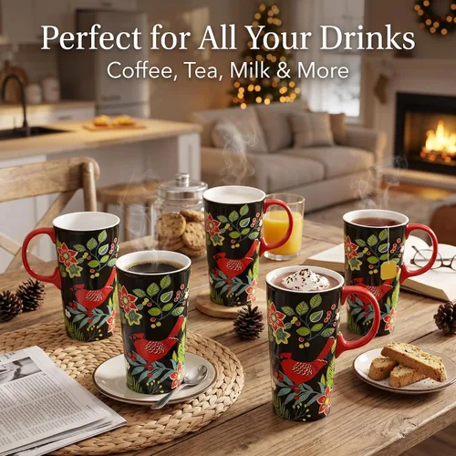 Vista 6 de Taza de viaje de cerámica de 17 onzas con tapa y caja de regalo, taza de café cardenal de arte popular, taza de té de porcelana de pájaro