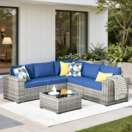 Vista 26 de Juego de muebles de patio de 6 piezas, sofá modular de mimbre para exteriores con mesa auxiliar, cómodos cojines, moderno sofá modular de ratán