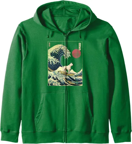 Vista 7 de Dogo Argentino - Sudadera con capucha japonesa Kanagawa Wave Funny Surf Dog, Negro
