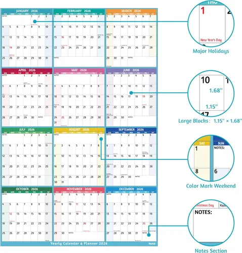 Vista 4 de Calendario anual de pared 2026 – Calendario anual grande 2026 vetical, enero 2026 – diciembre 2026, 25.2 x 38.2 pulgadas (abierto), calendario 2026