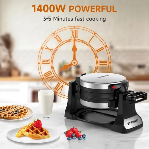 Vista 3 de Waflera, Waflera Belga Doble con Giro de 180°, Plancha para Wafles de 1400W para 8 Rebanadas, Placas Giratorias y Antiadherentes con Bandeja