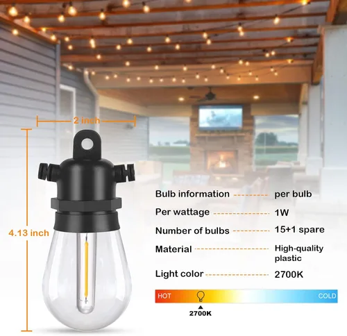 Vista 3 de DGE - Cadena de luces LED exteriores, impermeable e inastillable IP65, adorno de patios, jardines, glorietas, porches, luz blanca tenue