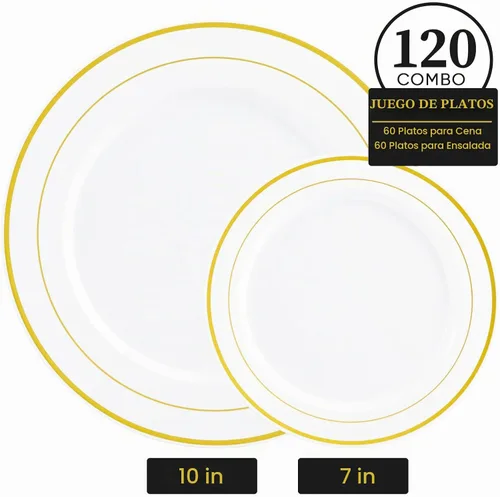 Vista 2 de FOCUSLINE Juego de 120 platos de plástico, platos desechables con borde Platos de plástico dorados