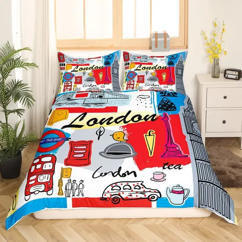 Vista 2 de Feelyou Juego de ropa de cama con temática londinense, funda de edredón para cabina telefónica retro roja para niños, paisaje histórico europeo