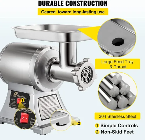 Vista 4 de Happybuy Picadora de Carne Comercial, 550LB/h 1100W, 220 RPM Picadora de Carne Industrial de Acero Inoxidable de Servicio Pesado con 2 Cuchillas