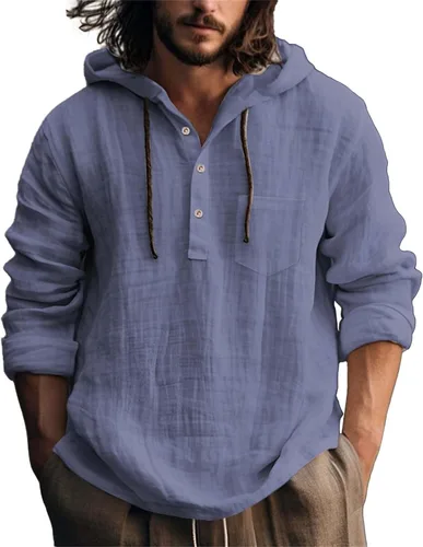 Vista 18 de Camisas de lino para hombre, ligeras, con botones, de manga larga, con capucha, ajuste regular, de algodón, para la playa