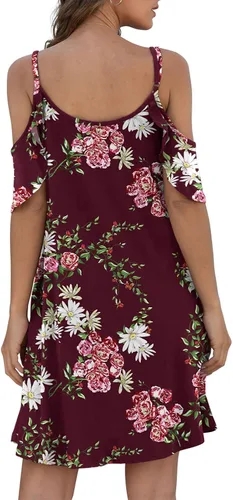 Vista 4 de Jouica Vestido de verano casual con tirantes delgados vestido de verano para mujer hombros descubiertos mangas con volantes y bolsillo