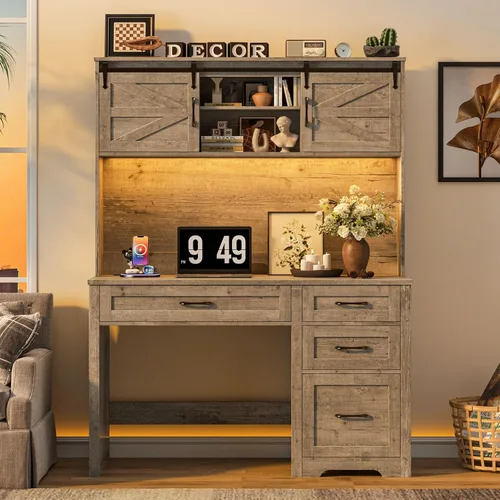 Vista 14 de Escritorio ejecutivo de granja de 67 pulgadas de alto con gabinete, mesa de oficina con luz LED y 4 cajones, escritorio para computadora