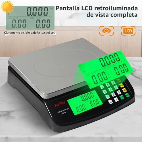 Vista 3 de Báscula digital grande de cocina negra de 66.1 lbs/66 libras, báscula comercial de acero inoxidable con pantalla LCD, escala de cálculo de precios