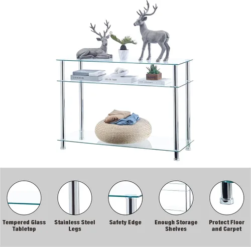 Vista 6 de Mesa consola de cristal plateado para entrada, moderna y cómoda mesa de sofá de vidrio de 3 niveles con patas cromadas, sala de estar, pasillo