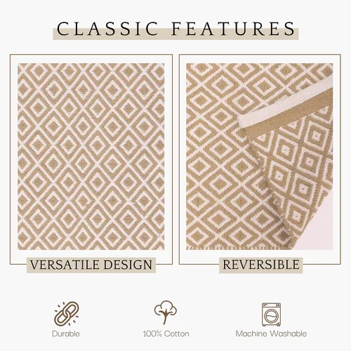 Vista 4 de RAJRANG Alfombra de baño de algodón tejida con patrón geométrico de diamante, alfombras reversibles, lavables a máquina, duraderas, color beige