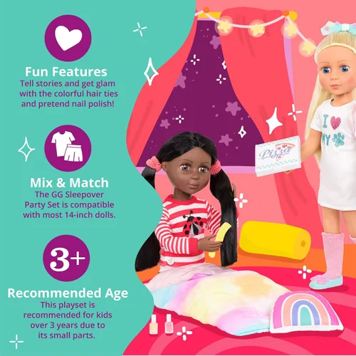 Vista 4 de Glitter Girls Accesorios para muñecas de 14 pulgadas - Juego de mochila y fiesta de pijamas - Tie - Saco de dormir teñido, almohada arcoíris