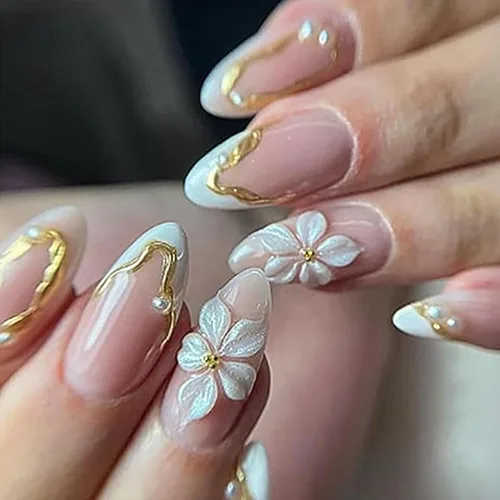 Vista 18 de Uñas postizas a presión con punta francesa, uñas postizas medianas con flores 3D, concha de perla, diseño de estrellas de mar, uñas blancas a