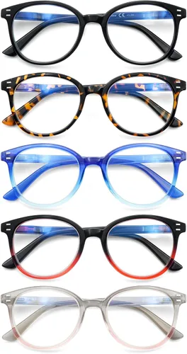 Vista 9 de COJWIS Gafas de lectura con bloqueo de luz azul, paquete de 5 unidades, bisagra de resorte, para hombres y mujeres, anteojos con filtro 143-1 5C