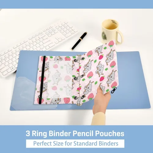 Vista 5 de Estuche para lápices para carpetas de 3 anillos con cremallera, se adapta a carpetas estándar, estuche de lápices de koala de fresa para oficina