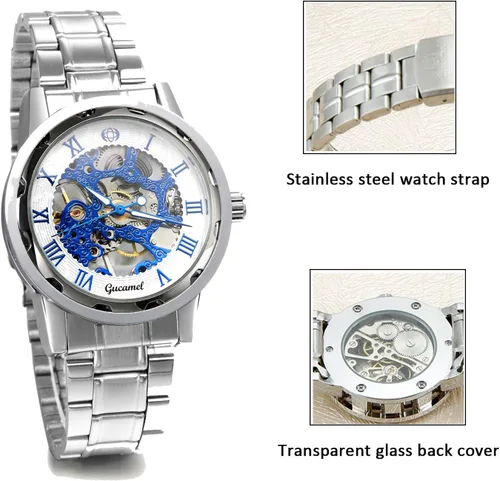 Vista 4 de Jewelrywe - Reloj de pulsera mecánico para hombre y hombre, esfera azul esqueleto, correa de acero inoxidable, mecanismo de viento a mano