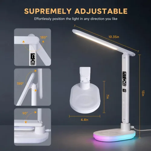 Vista 8 de Lámpara de escritorio LED con carga inalámbrica QI de 10 W, lámpara de mesa Flexo con 3 colores y 5 niveles de brillo con función de carga, USB