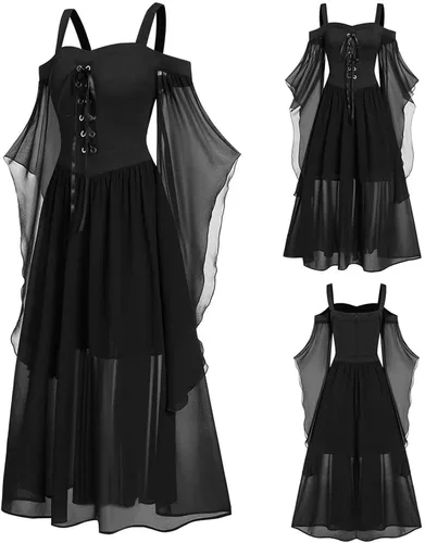 Vista 2 de Vestidos góticos vintage para mujer, vestido midi con estampado de esqueleto de Halloween