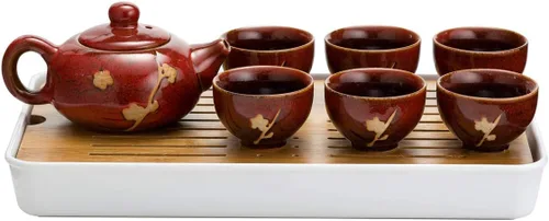 Vista 8 de Juego de té de cerámica chino/japonés, 100% hecho a mano, juego de ceremonia de té tradicional con teteras, 6 tazas de té, bandeja de té de bambú