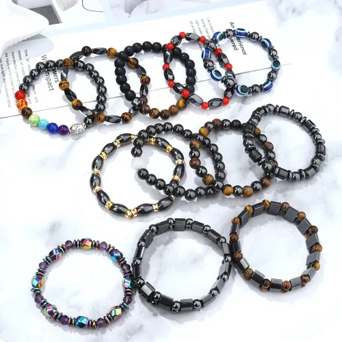 Vista 5 de THUNARAZ Juego de 12 pulseras magnéticas de hematita para hombres y mujeres, pulsera de piedra de ojo de tigre, regalo de alivio de Stree