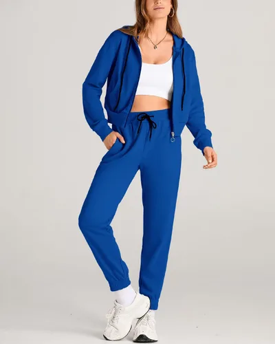 Vista 2 de Amkoyam Conjunto de dos piezas para mujer, de manga larga, con cremallera, sudadera con capucha y pantalones largos