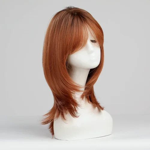 Vista 4 de HAIRCUBE Pelucas Auburn para Mujeres, Pelucas Largas en Capas Naranjas con Flequillo, Pelucas de Fibra Sintética Resistentes al Calor