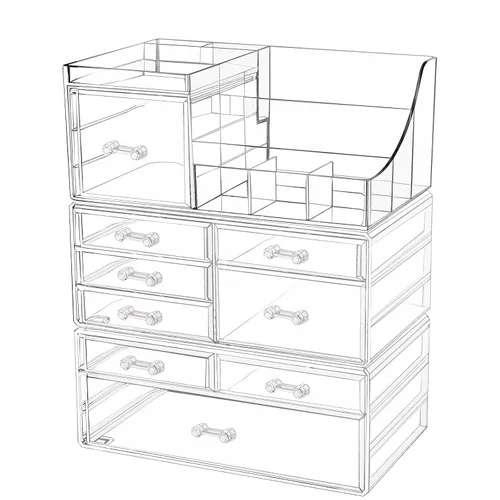 Vista 7 de Cq acrylic Paquete de 1 organizador de maquillaje transparente, apilable con 1 cajón, organizador de cuidado de la piel, lindo organizador